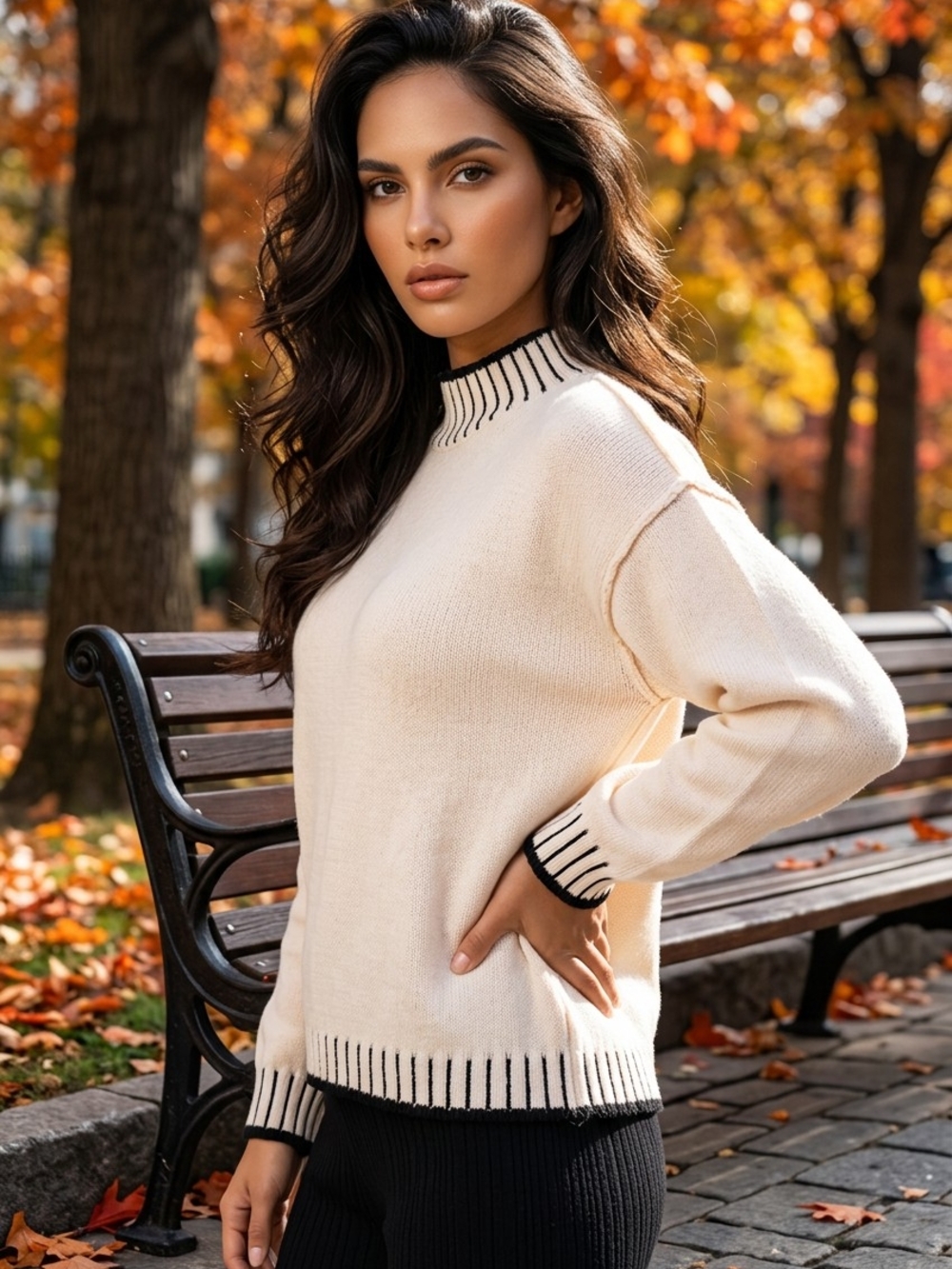Cream Crewneck Sweater with Black Trim - Women's Sweater - Picture 3 of 15